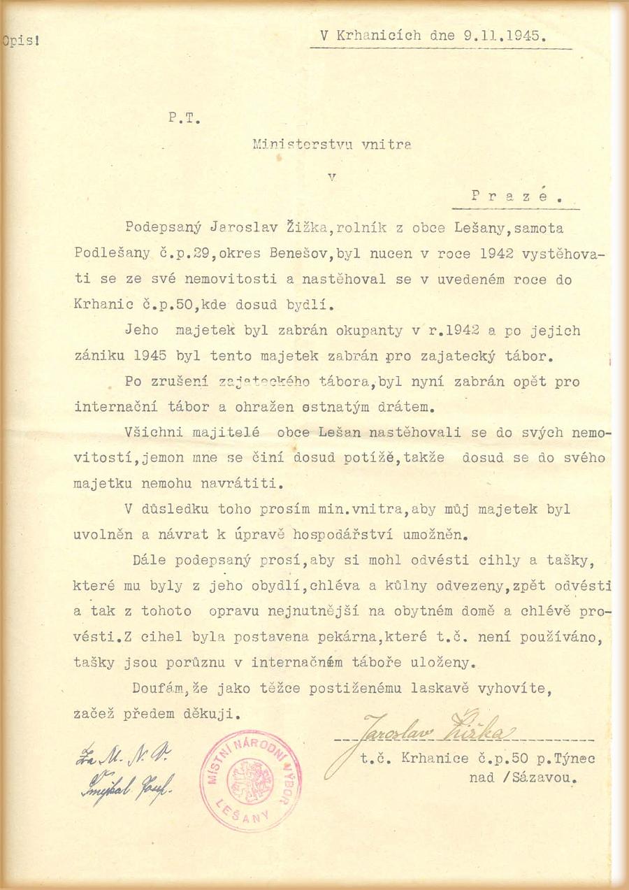 Dopis Ministerstvu vnitra - 9.listopadu 1945